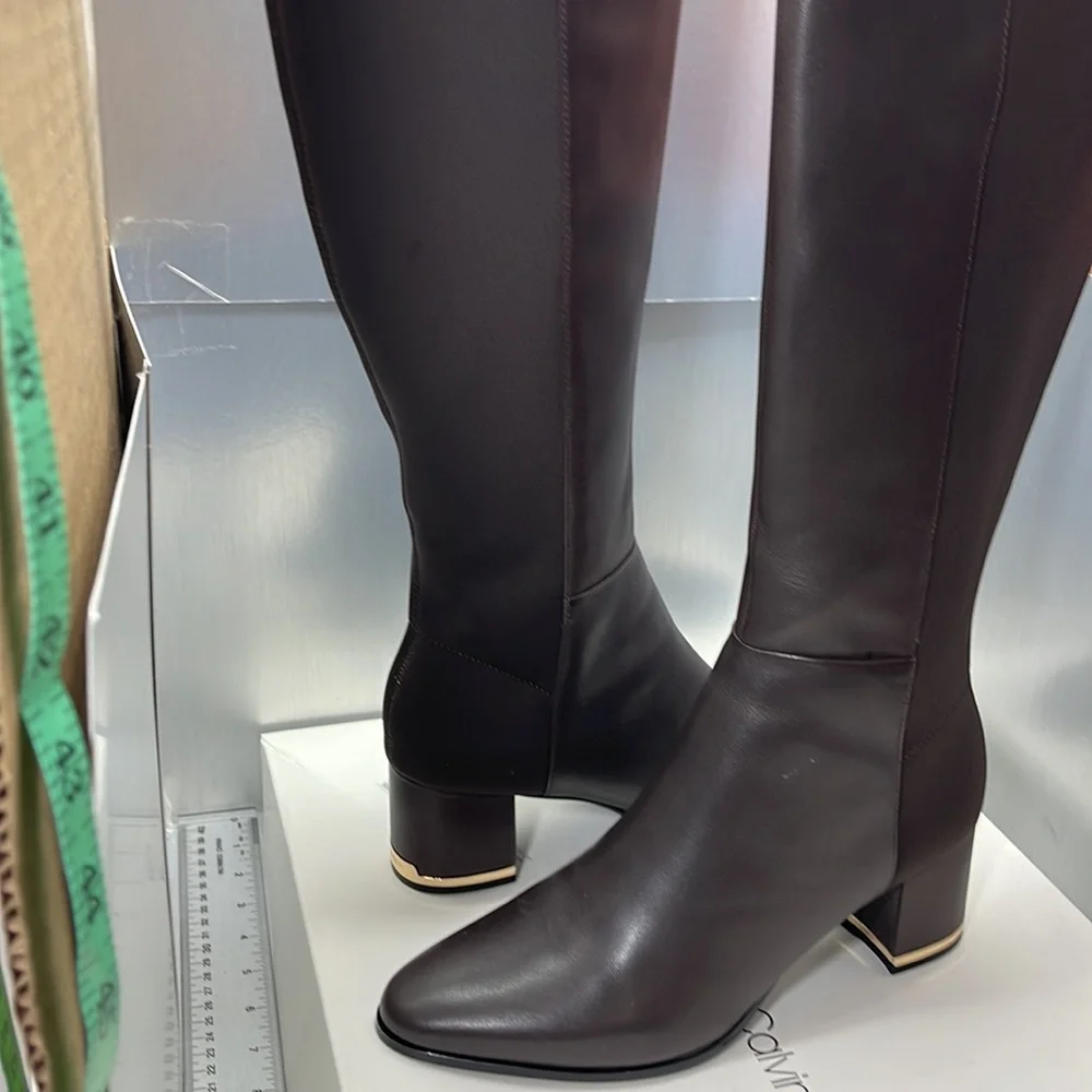 COPY - BNIB Calvin Klein Freda Cow Lather Silk neoprene Brown Long Riding Boot… - Picture 1 of 11